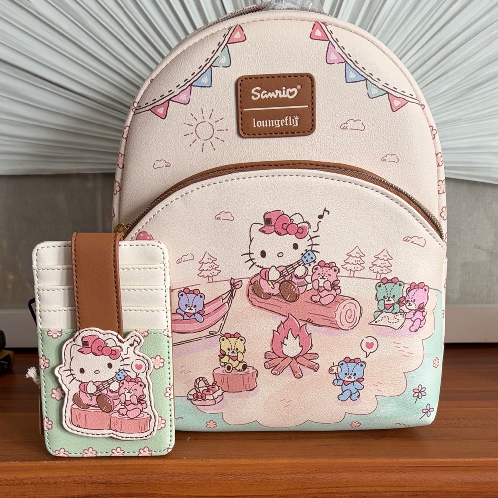 2 Pc Sanrio Loungefly Hello Kitty Backpack & Card Case Cream and Pink NWT 2Pc